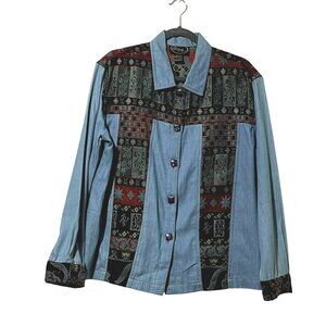 Vintage Alex Kim Denim Shirt Size M With Patterned Panels & Stone Buttons